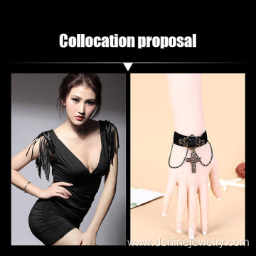 Velvet Band Rose Alloy Cross Pendant Chain Tassel Bracelet